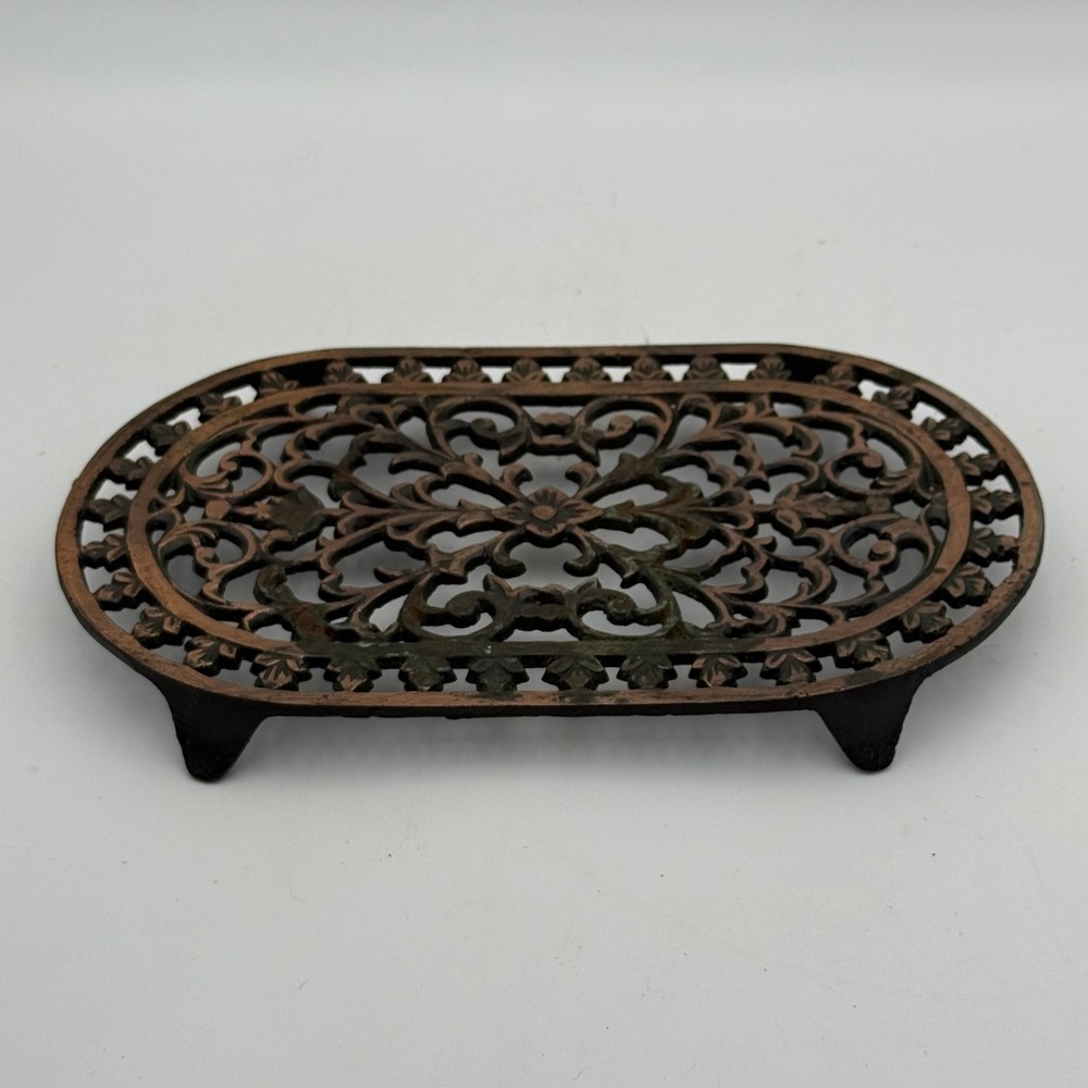 Vintage ODI Cast Iron Trivet Copper Plated Oval Ornate Filigree Scrollwork 9in